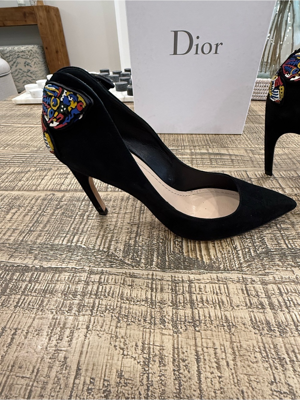 Dior Black Suede Pointed Pumps with Multicolor Embellished Heel Accent - Picture 10 of 15